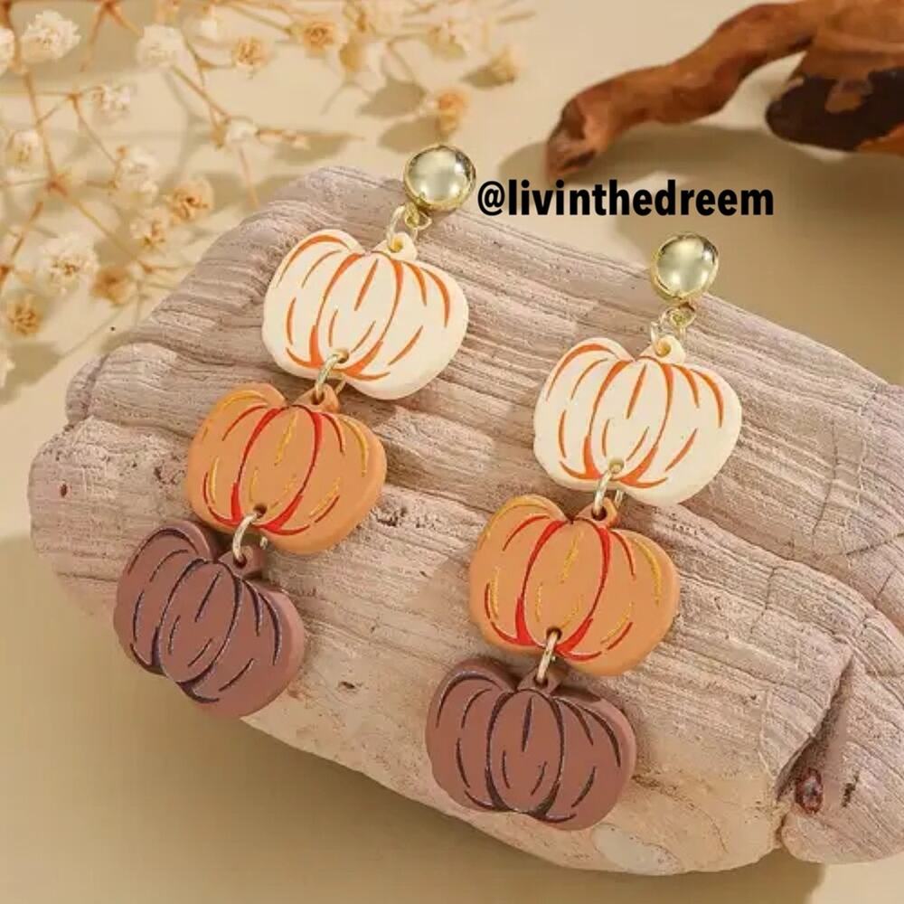 #01 Triple Stacked Fall Pumpkin Dangle Lightweight Fall Statement Earrings